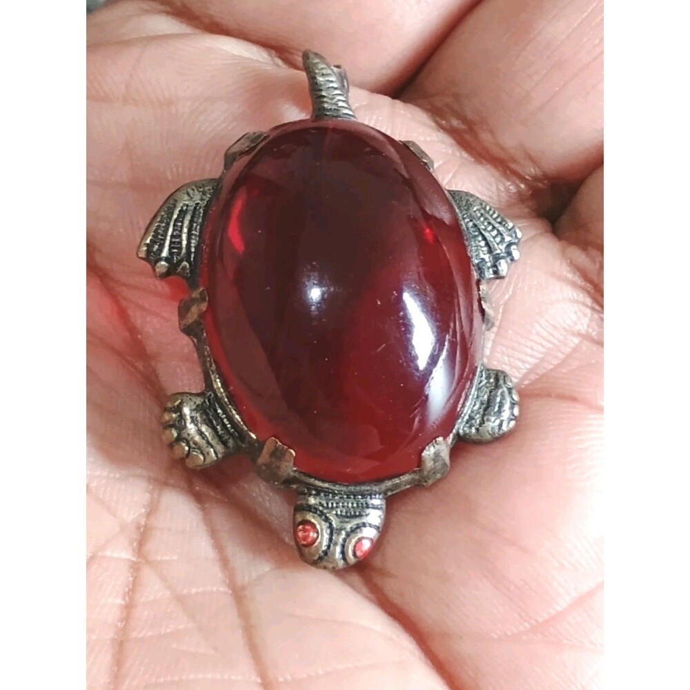 Turtle Red Jelly Belly Silver Tone Vintage Brooch